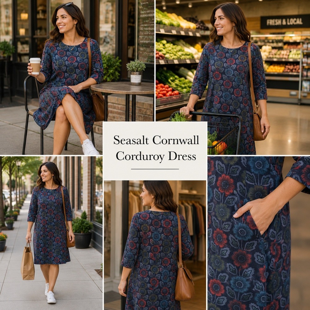 Seasalt Cornwall‎ West Pentire Dress Navy Blue Floral Corduroy Shift Size 10 US